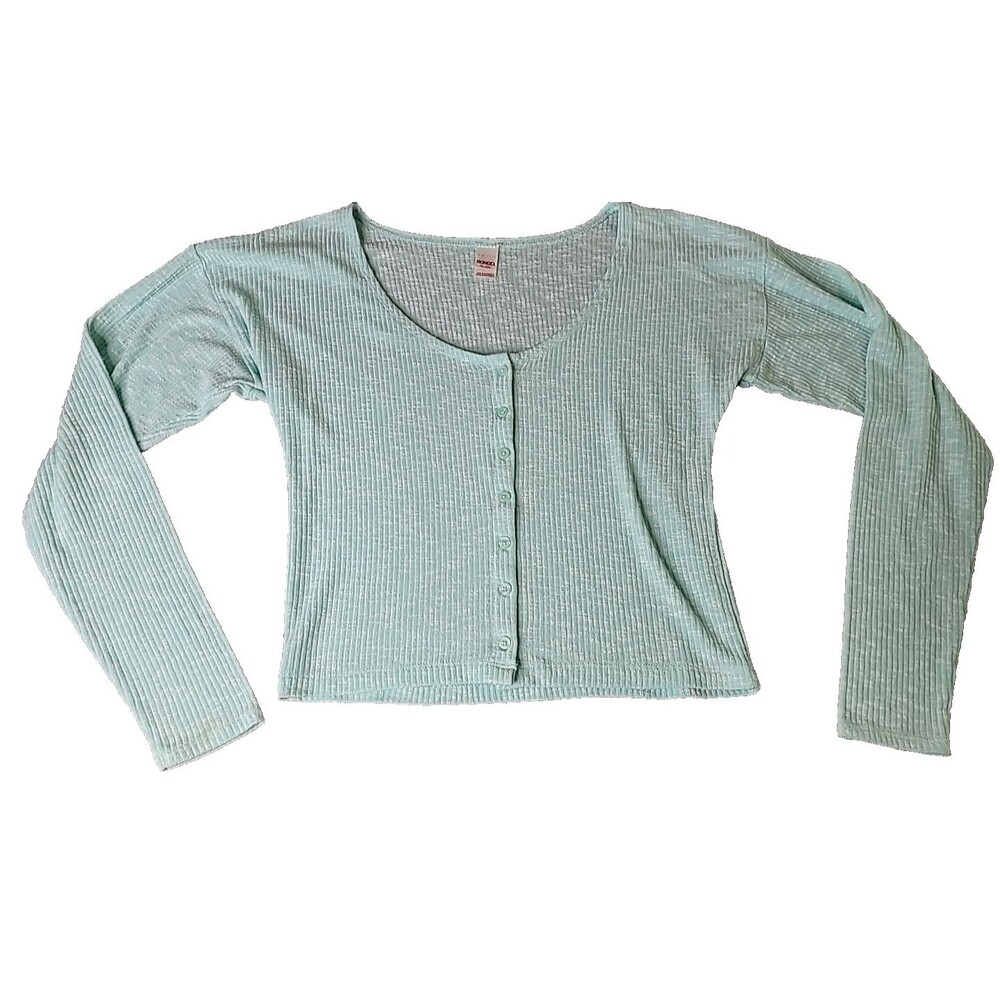 Bongo Y2K Size‎ XL Mint Ribbed Long Sleeve Button-Up Lightweight Cropped Shirt